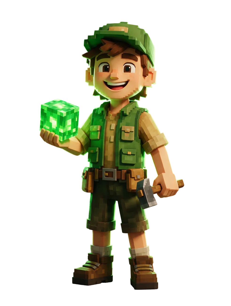 Ali El Din, the Builder: a blocky voxel hero in a green cap holding a glowing emerald block.