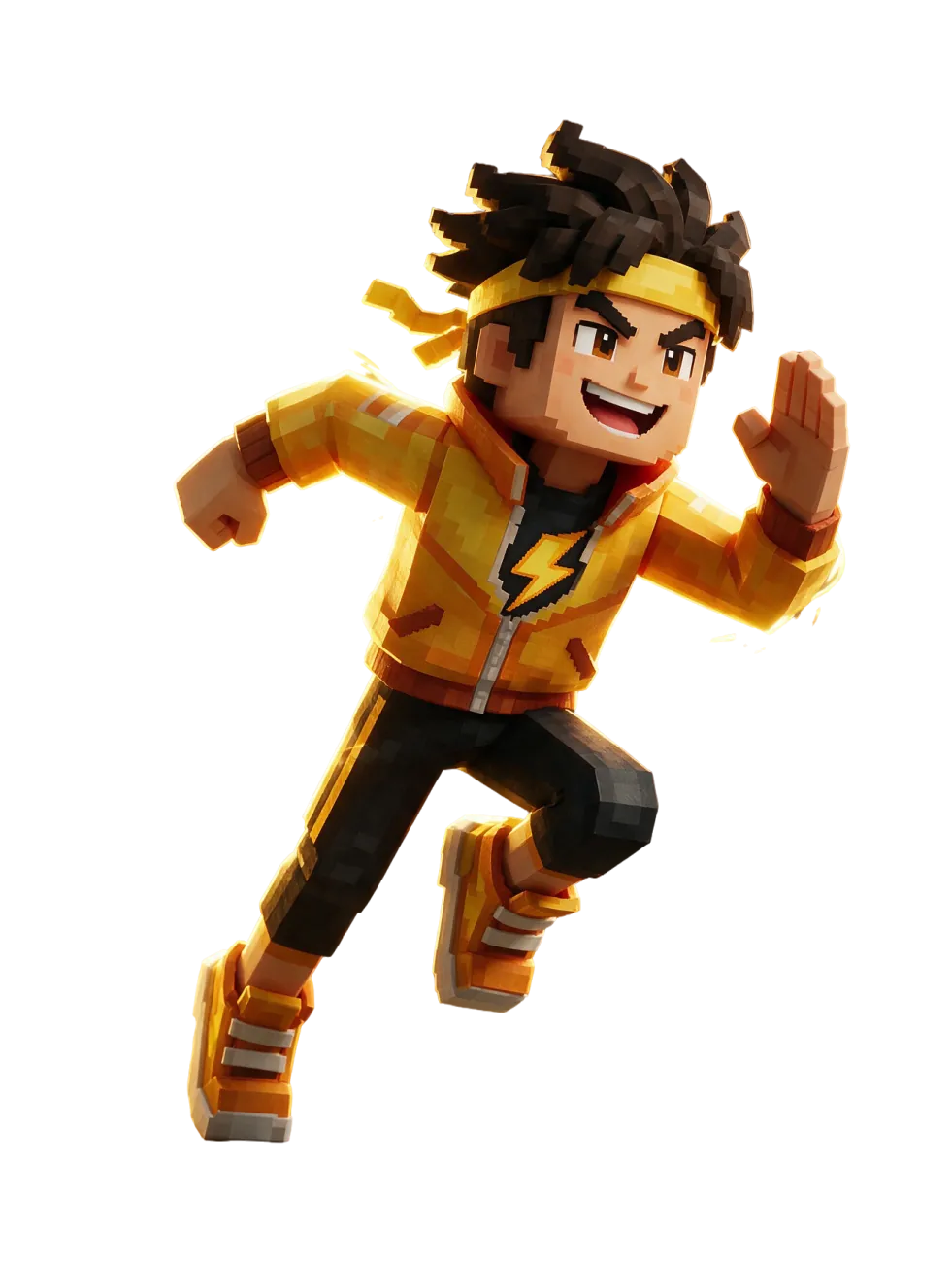 Omar, the Speedster: a blocky voxel hero in a yellow racing jacket sprinting through golden light.